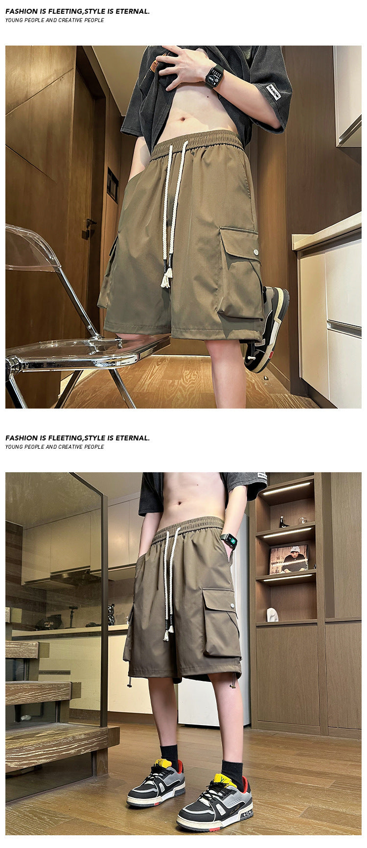 Summer Trendy Male Baggy Elastic Drawstring Cargo Shorts (Multiple Colors)