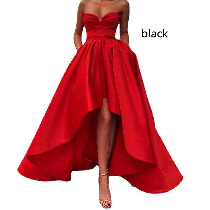 Satin Strapless High Front Long Evening Dress (Multiple Colors)