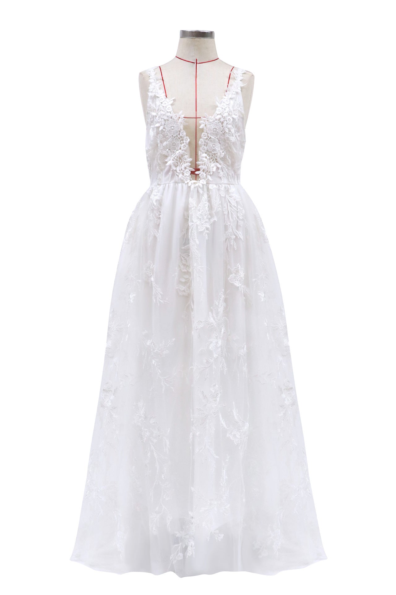 Lace Embroidered Overlay Sleeveless Bridal Gown (White)