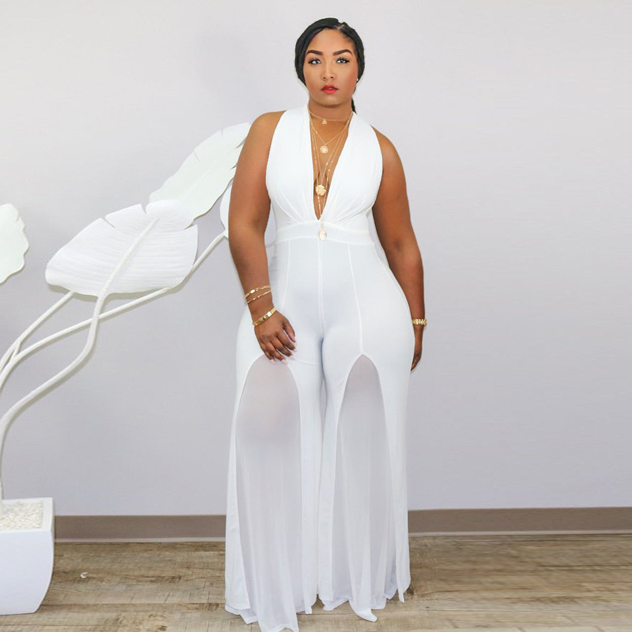 Plus Size Low Cut Sleeveless Sheer Pant Leg Pant Suit (Multiple Colors)