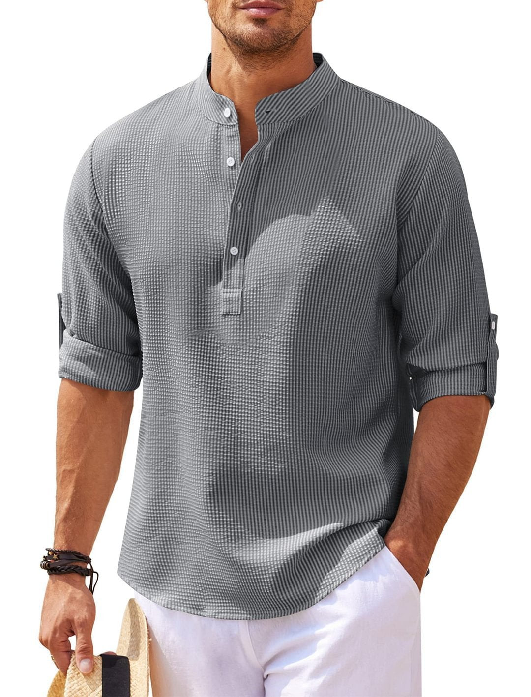 Men's Casual Cotton Blend Long Sleeve Waffle Weave Shirt (Multiple Colors)