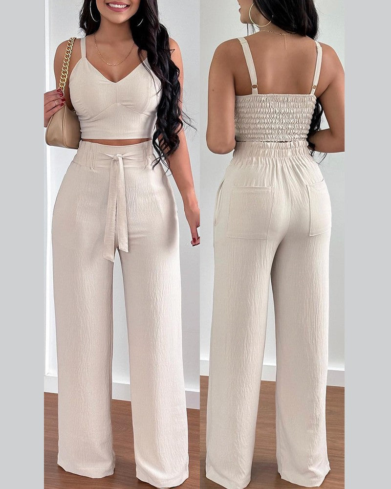 Two-piece Crop Top and High Waisted Wide Leg Pant Set (Multiple Colors/Patterns)