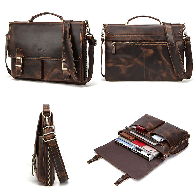 Distressed Genuine Leather Expandable Travel Briefcase (Brown)