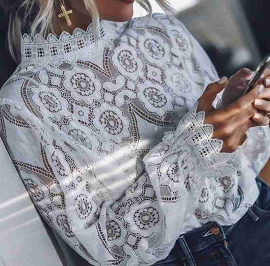 Eyelet Embroidered Long Sleeve Cotton Linen Top (White)