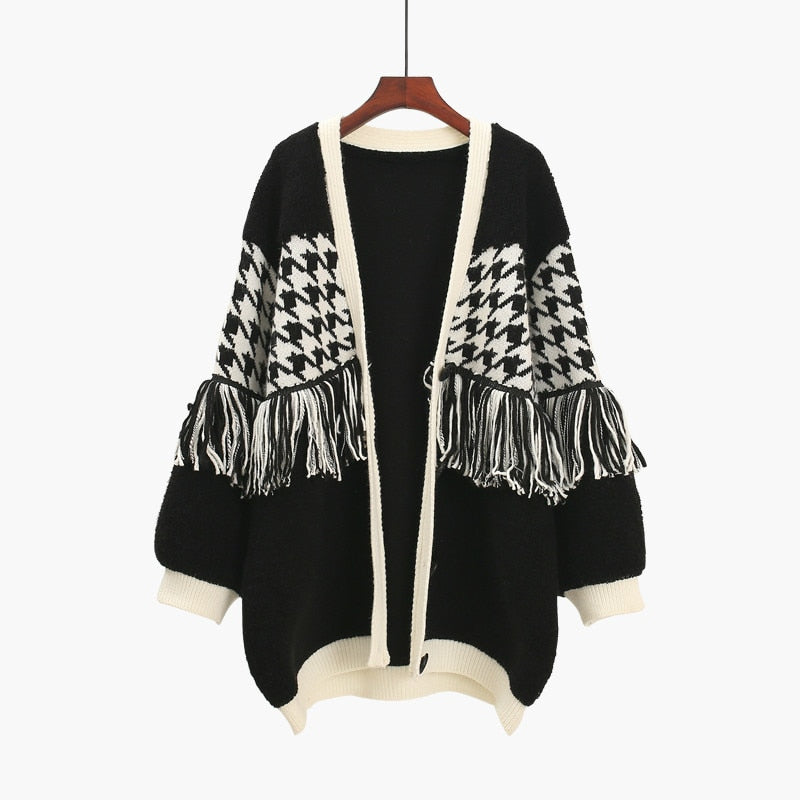 Women's Herringbone Detail V-Neck Fringed Cardigan (Multiple Colors)