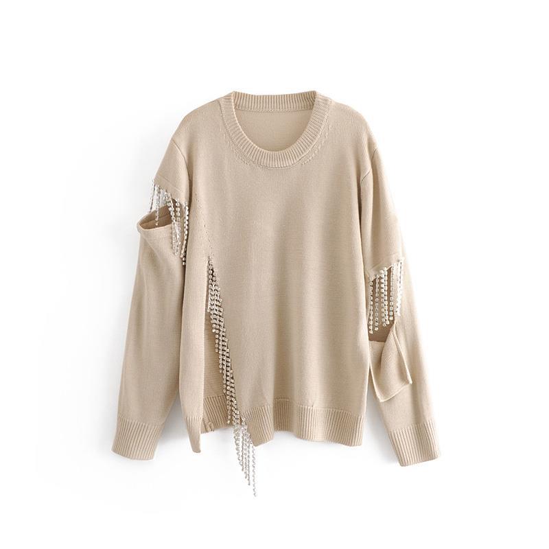 Rhinestone Fringed Openwork Hem Split Loose Long-Sleeved Sweater (Multiple Colors)