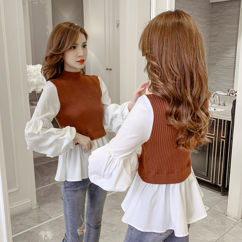 Women's Fake Two Shirts Knit Vest w/White Billowed Sleeve Blouse (Multiple Colors)