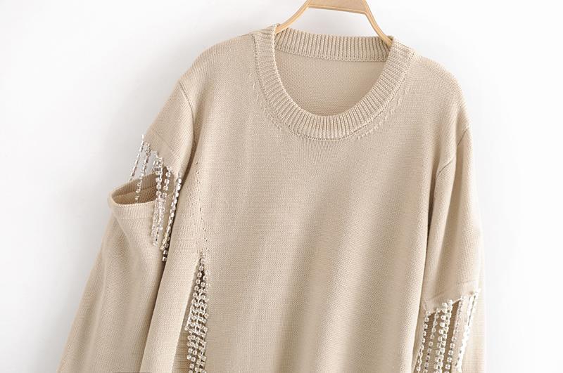 Rhinestone Fringed Openwork Hem Split Loose Long-Sleeved Sweater (Multiple Colors)