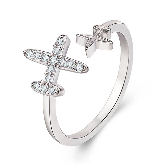 Womens Adjustable Rhinestone Plane Ring (Silver)