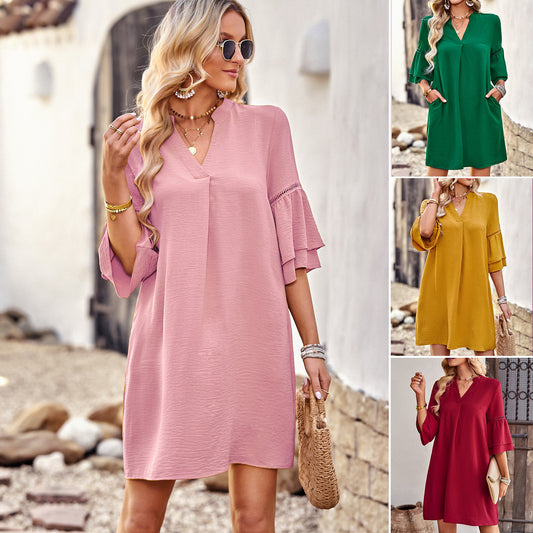 Bohemian Loose V-neck Flutter Sleeve Short Dress (Multiple Colors)