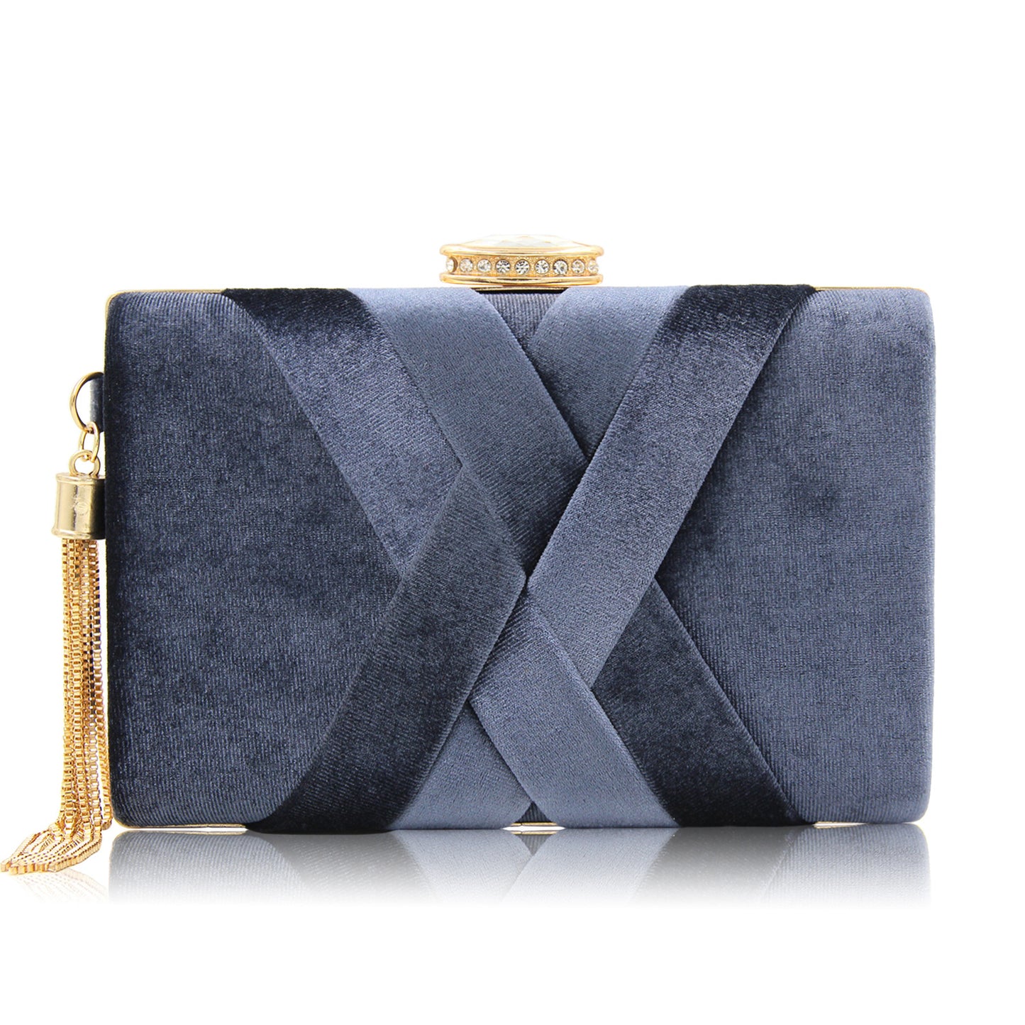 Luxury Milisente Velour Cross Stitch Metal and Rhinstone w/Tassel Clutch Bag (Multiple Colors)