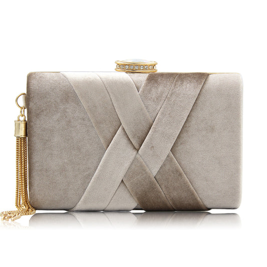 Luxury Milisente Velour Cross Stitch Metal and Rhinstone w/Tassel Clutch Bag (Multiple Colors)