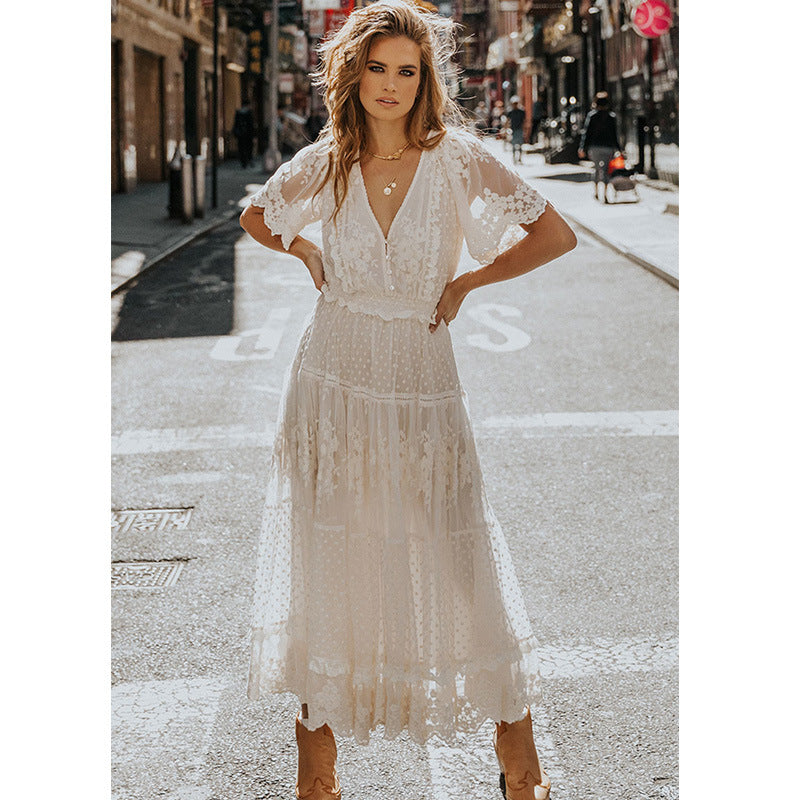 V-Neck Short Sleeve Long Boho Lace Dress (White)