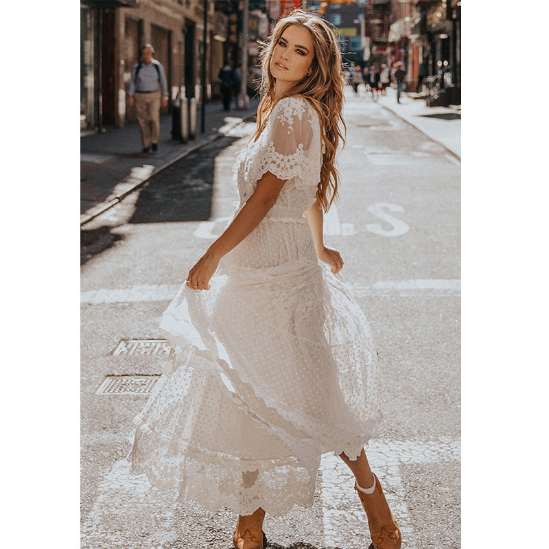 V-Neck Short Sleeve Long Boho Lace Dress (White)