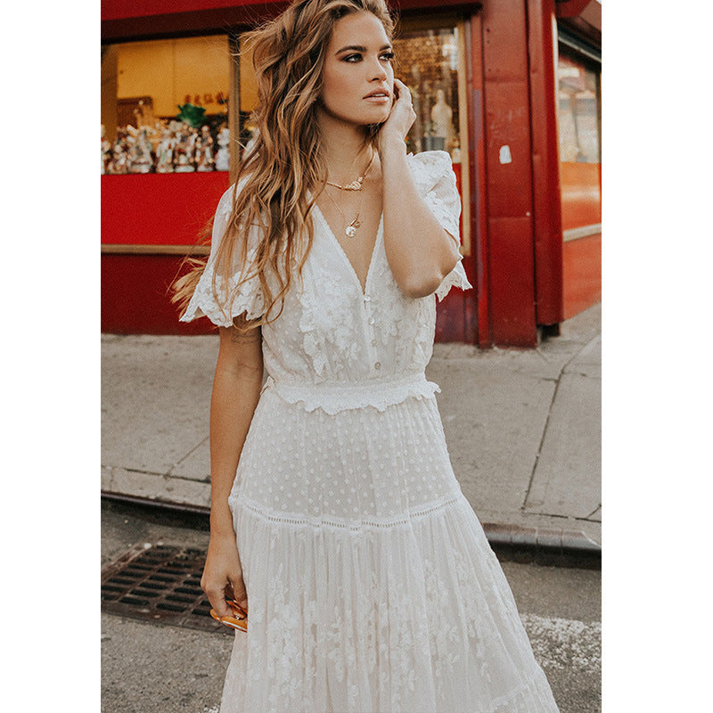 V-Neck Short Sleeve Long Boho Lace Dress (White)