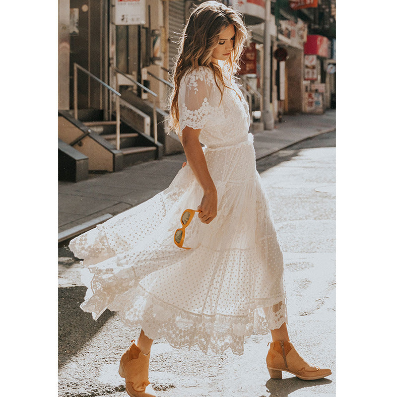 V-Neck Short Sleeve Long Boho Lace Dress (White)