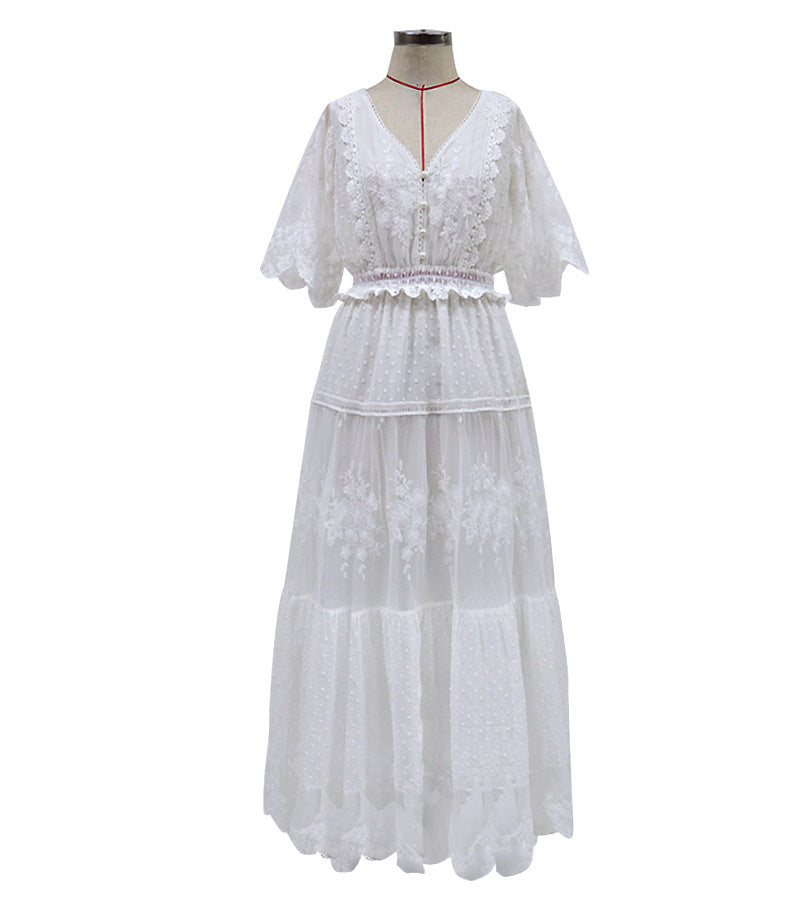 V-Neck Short Sleeve Long Boho Lace Dress (White)