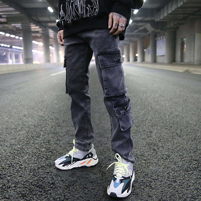 Mens Washed Denim Cargo Pants (Dark Grey)