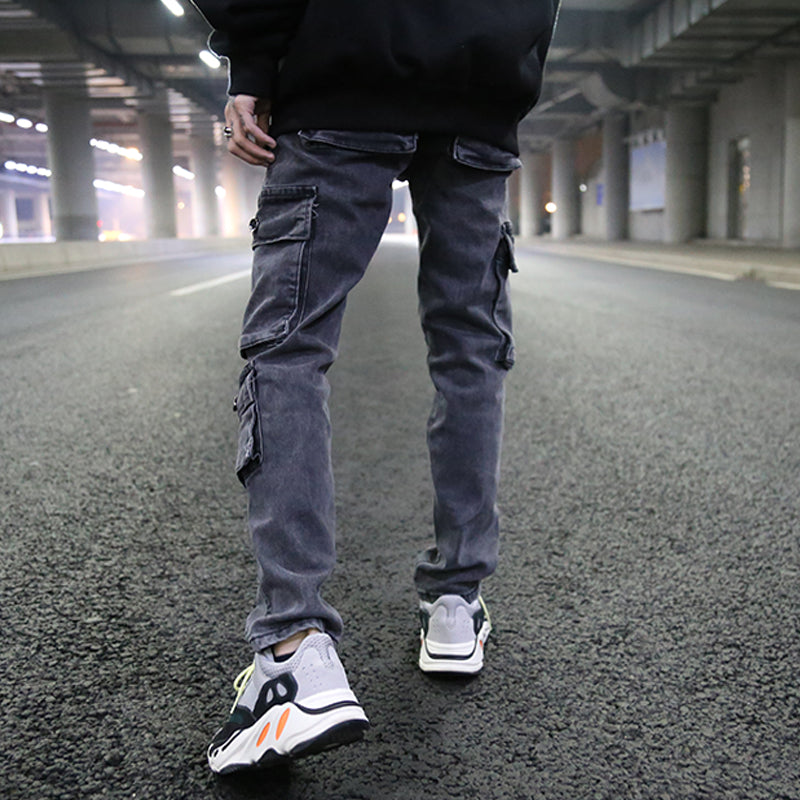 Mens Washed Denim Cargo Pants (Dark Grey)