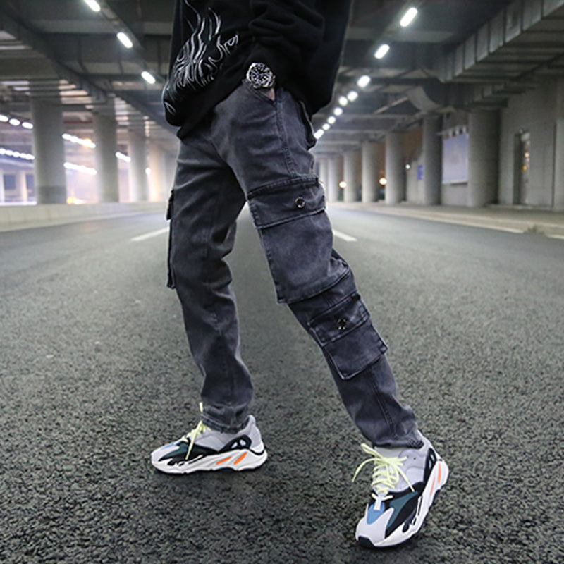 Mens Washed Denim Cargo Pants (Dark Grey)