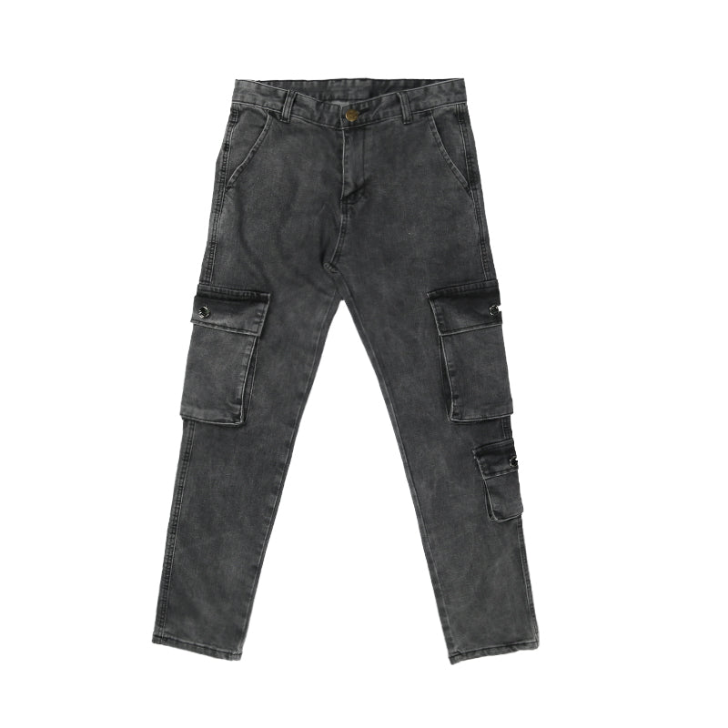 Mens Washed Denim Cargo Pants (Dark Grey)