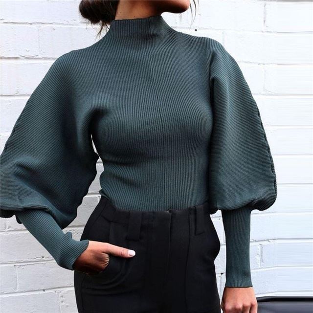 Sleek Knitted Lantern Sleeve High Neck Sweater (Multiple Colors)