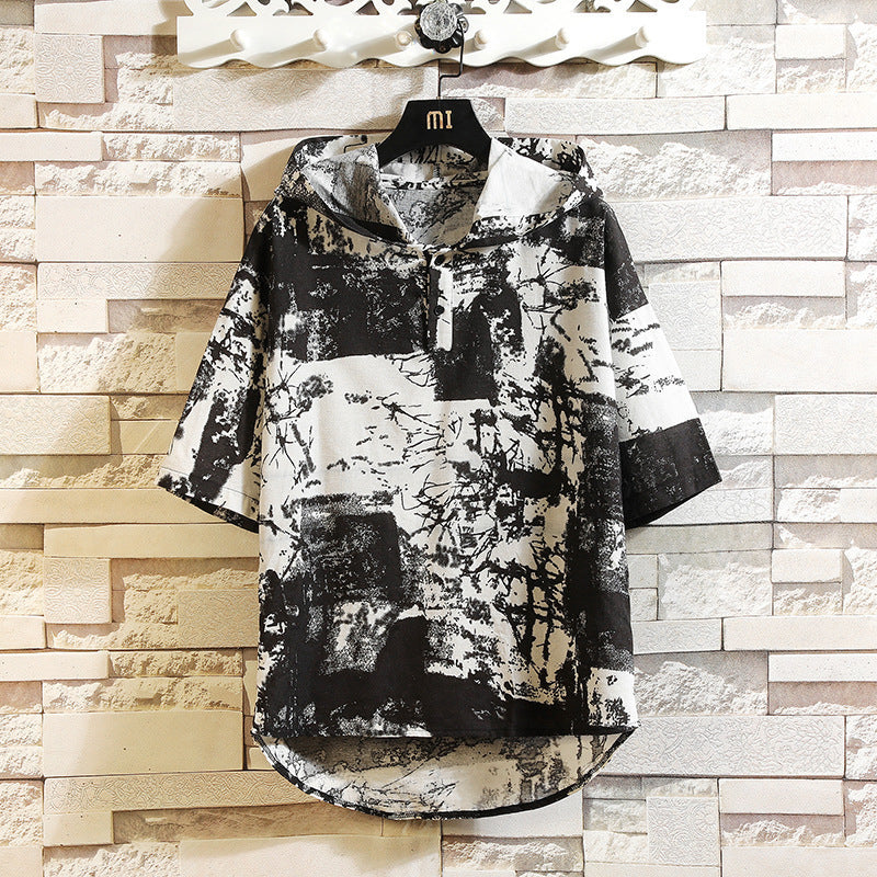 INCERUN Asian Style Printed Hooded Short Sleeve Shirt (Multiple Colors/Styles)