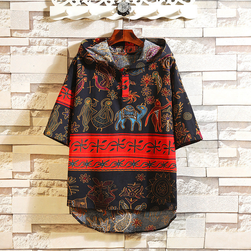 INCERUN Asian Style Printed Hooded Short Sleeve Shirt (Multiple Colors/Styles)