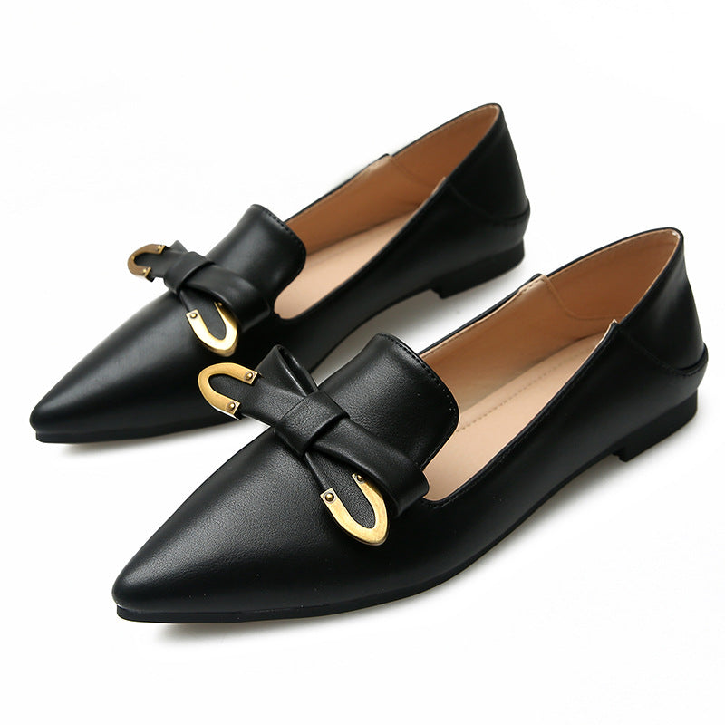 Vegan Leather Pointed Toe Retro Bow Flat Shoes (Multiple Colors)