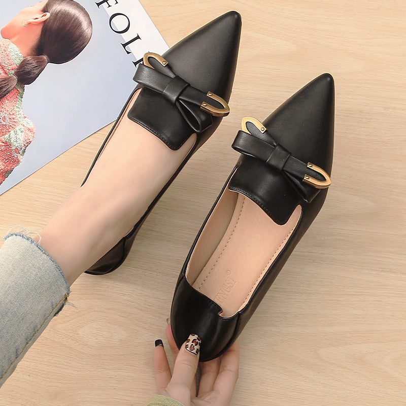 Vegan Leather Pointed Toe Retro Bow Flat Shoes (Multiple Colors)