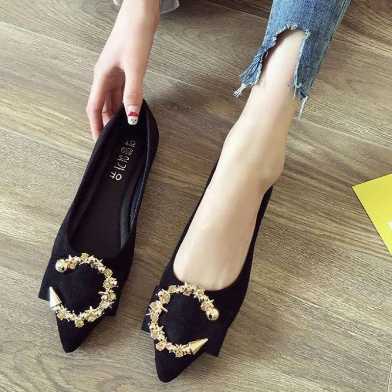 Pointed Elaborate Gold Buckle Flat Shoes (Multiple Colors)