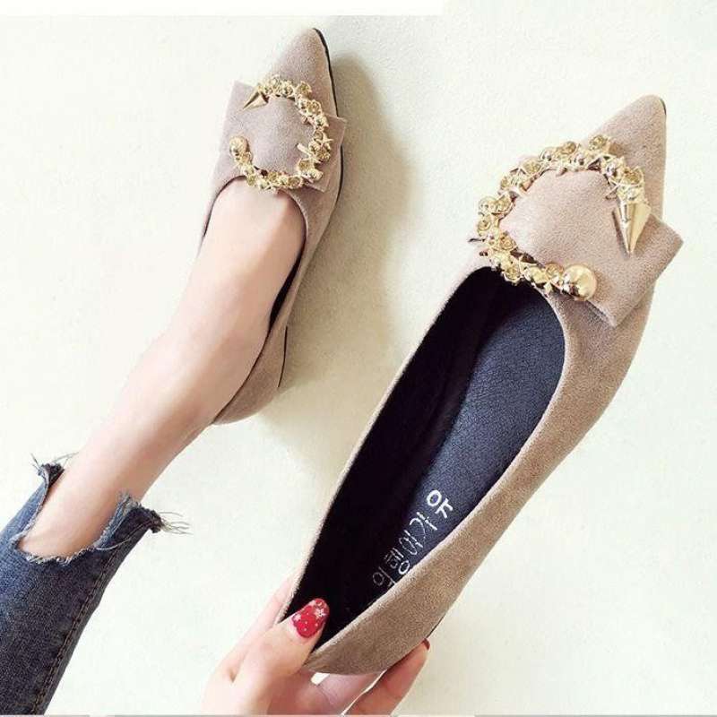 Pointed Elaborate Gold Buckle Flat Shoes (Multiple Colors)