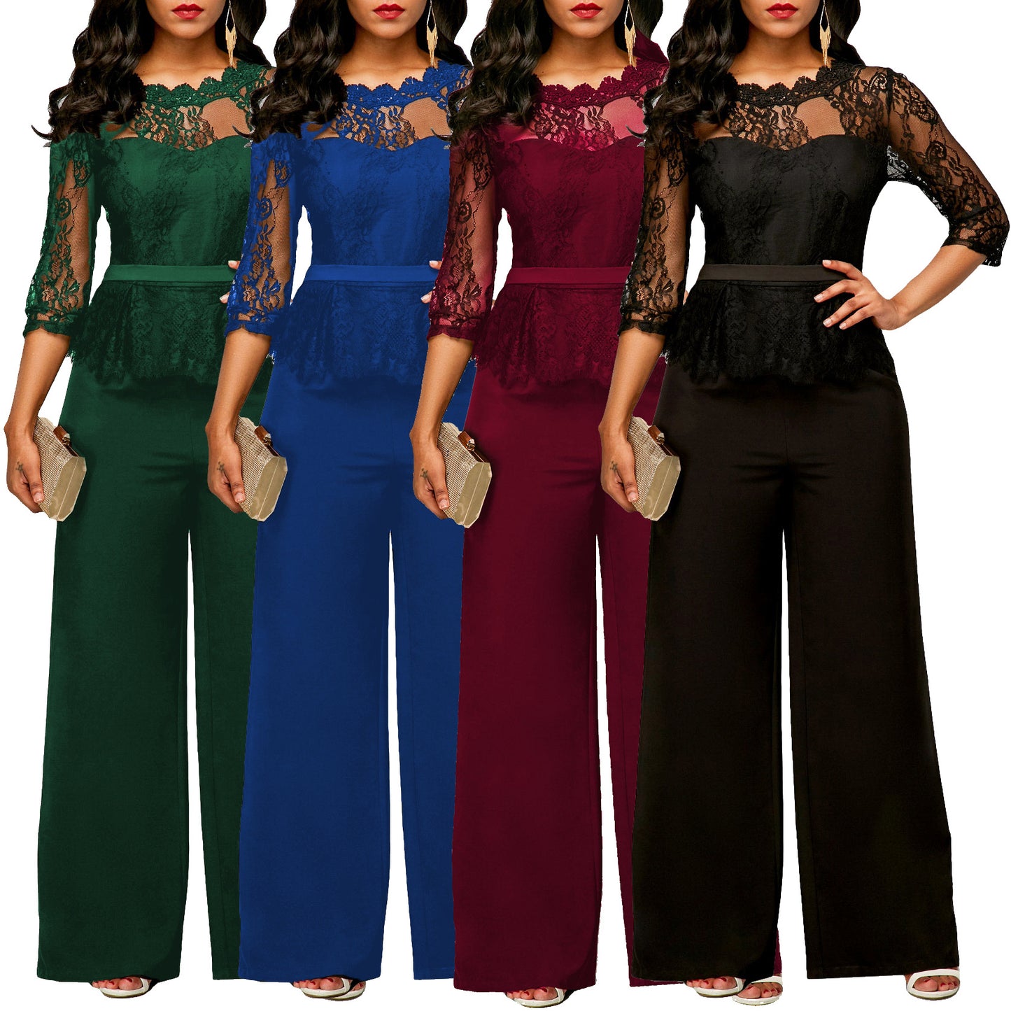 Elegant Lace Top w/Belt Pant Suit (Multiple Colors)