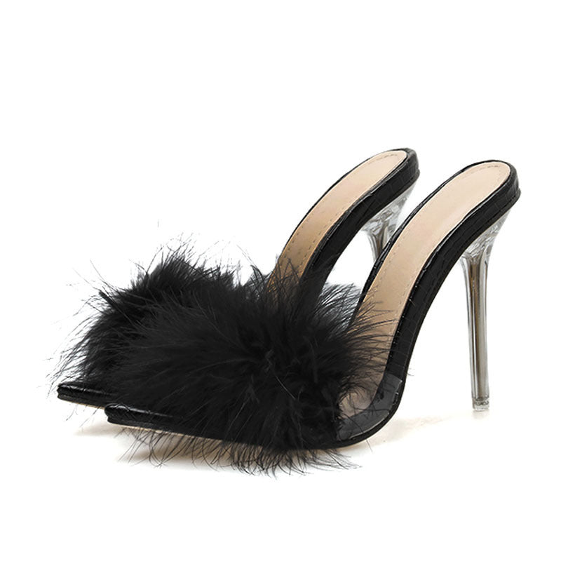 Woman's Transparent Crystal High Heels w/Feather Detail (Black)