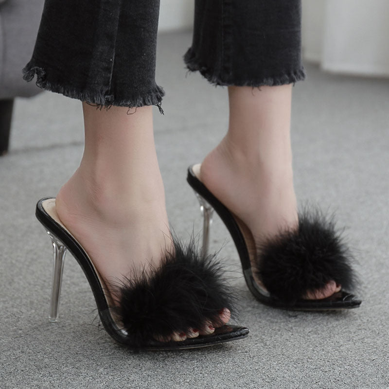 Woman's Transparent Crystal High Heels w/Feather Detail (Black)