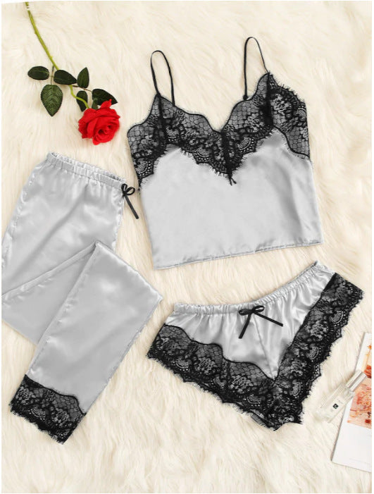 Comfortable Lace Sling Pajamas Three-piece Set (Multiple Colors)