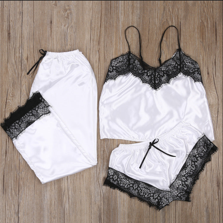 Comfortable Lace Sling Pajamas Three-piece Set (Multiple Colors)