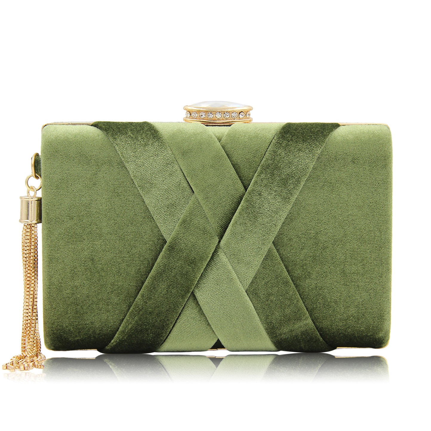 Luxury Milisente Velour Cross Stitch Metal and Rhinstone w/Tassel Clutch Bag (Multiple Colors)