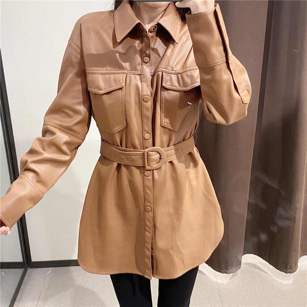 Vegan Leather Button Down Shirt/Coat (Brown)