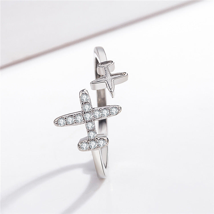 Womens Adjustable Rhinestone Plane Ring (Silver)