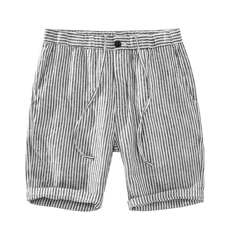 Men's Striped Straight Linen Drawstring Leisure Shorts (Multiple Colors)