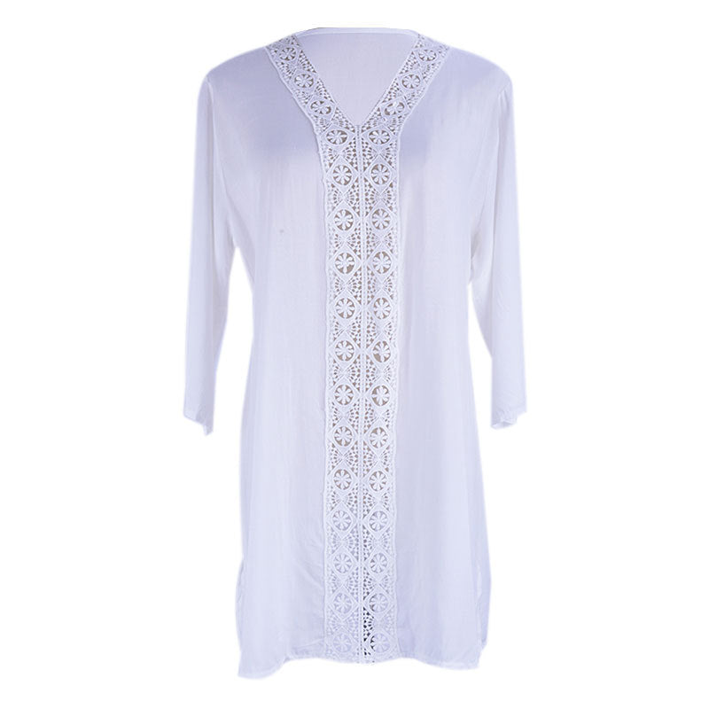 Lace Detail Beach Coverup w/Waist Tie (White)