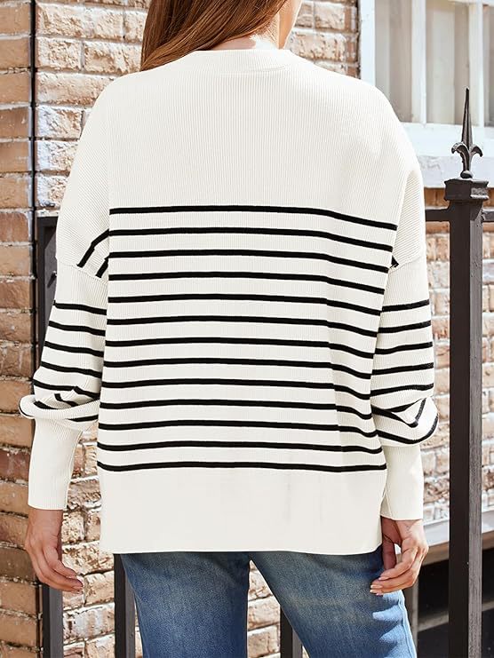 High Cuff Side Vent Oversized Stripe Women's Sweater (Multiple Colors)