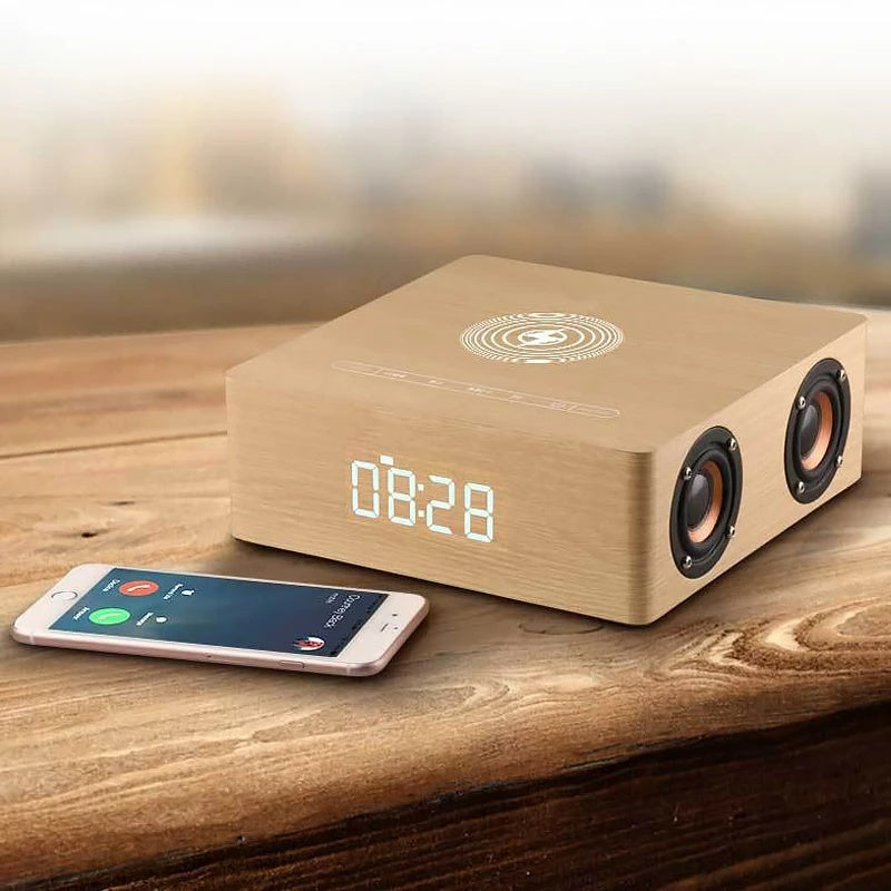 Wireless Charging Wood Surround Speaker w/Digital Display (Multiple Colors)