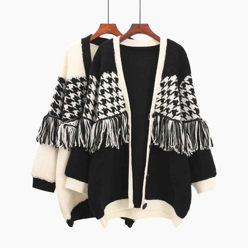 Women's Herringbone Detail V-Neck Fringed Cardigan (Multiple Colors)