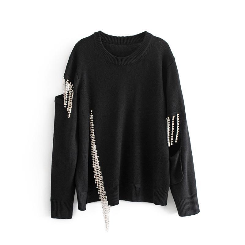 Rhinestone Fringed Openwork Hem Split Loose Long-Sleeved Sweater (Multiple Colors)