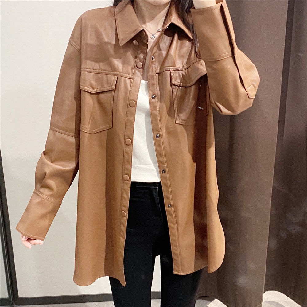 Vegan Leather Button Down Shirt/Coat (Brown)