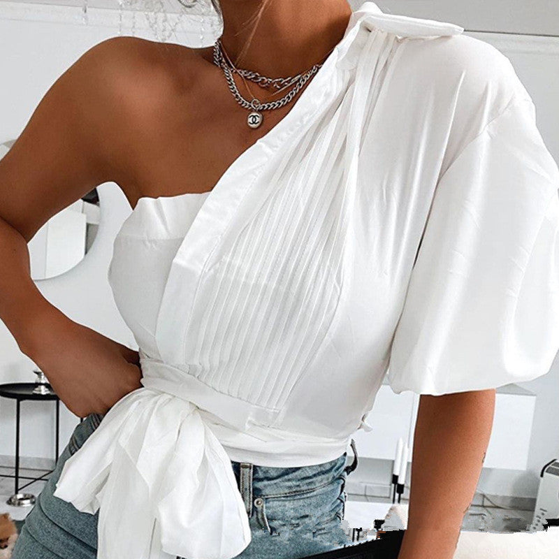 Lantern Sleeve One Shoulder Pleated Tie Shirt (White)