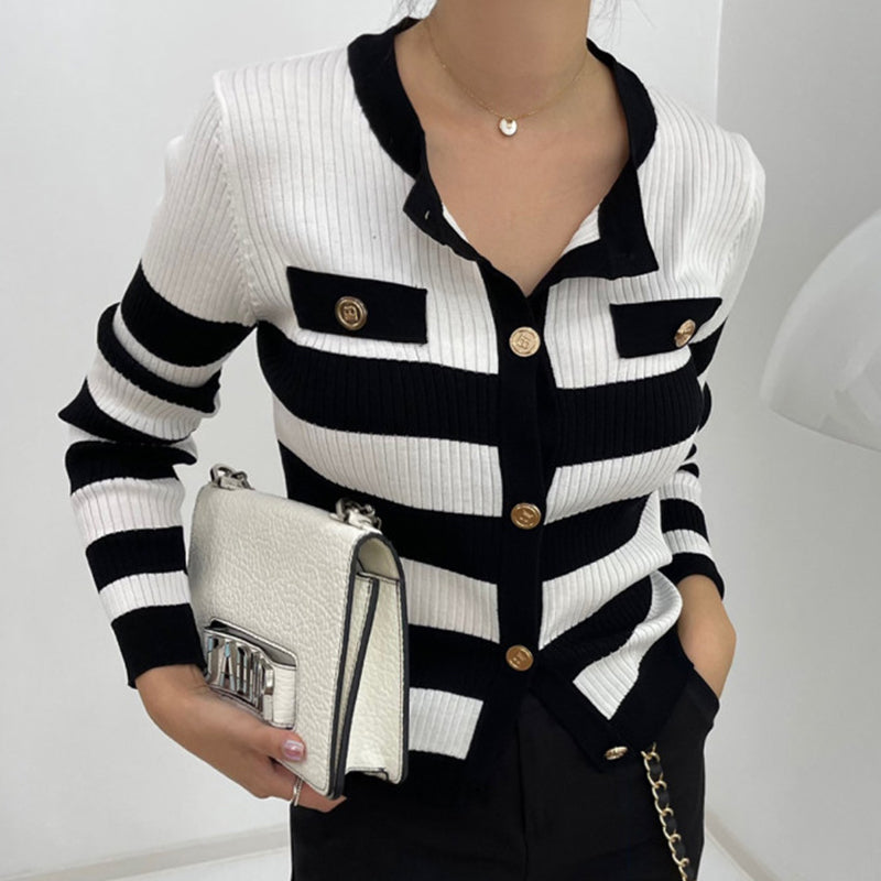 Contrast Stripe Design Long Sleeve Knitted Cardigan Woman (Multiple Colors)