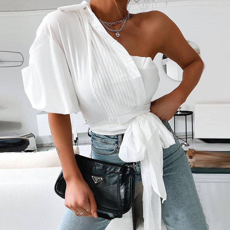 Lantern Sleeve One Shoulder Pleated Tie Shirt (White)